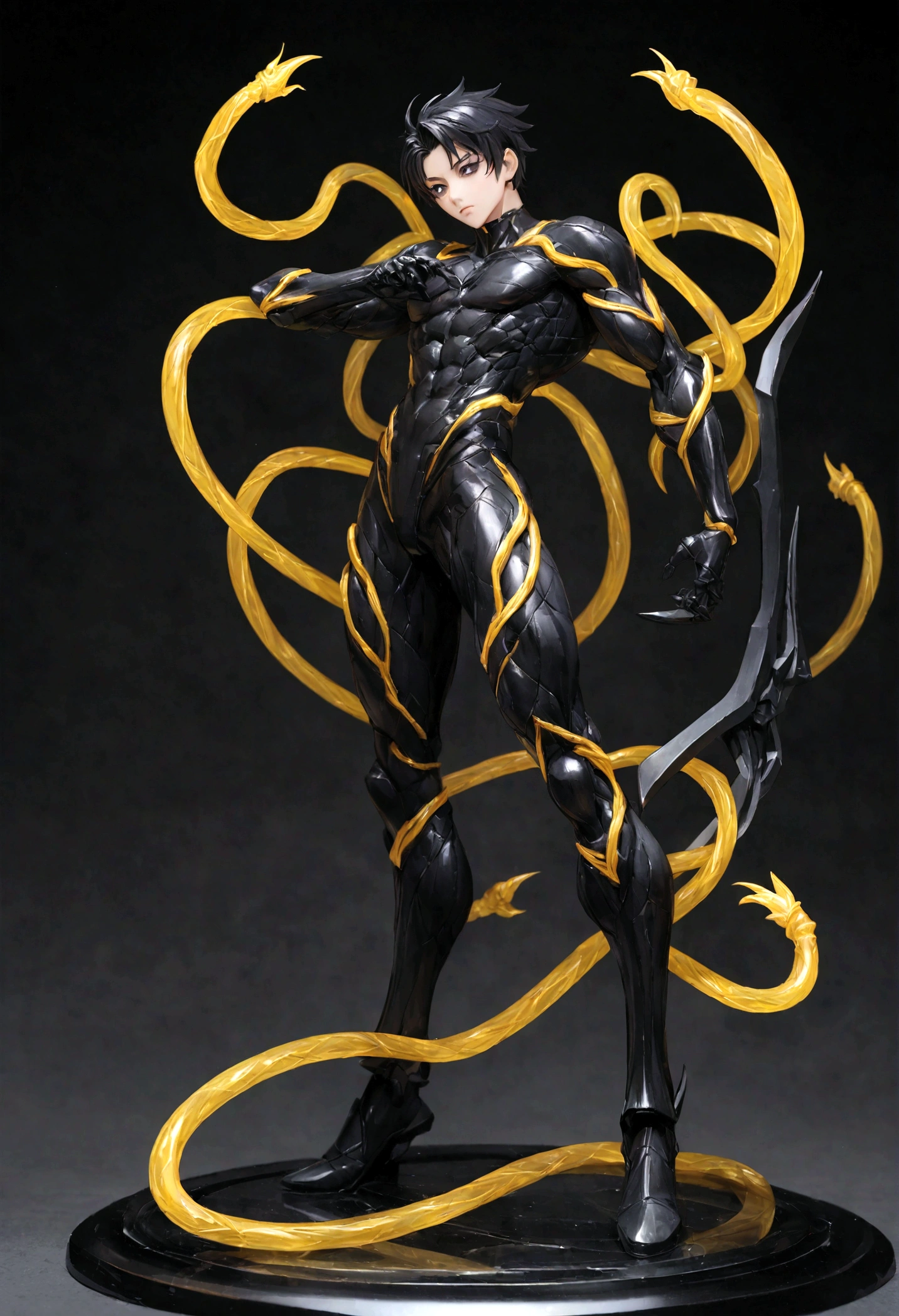 Male, Black hair, Black eyes, Monowire weapon, (perfect figure), Void powers
