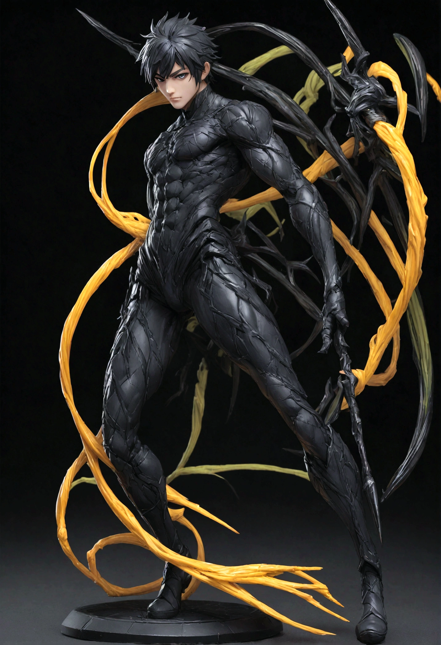 Male, Black hair, Black eyes, Monowire weapon, (perfect figure), Void powers