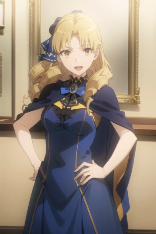 best quality, (masterpiece:1.2), detailed,
1girl, solo, open mouth, light smile,
drill hair, long hair, blonde hair, yellow eyes,
blue dress, jewelery, cape, hair ribbon, blue ribbon, capelet,
standing, hand on hip, looking at the viewer, upper body,
indoors