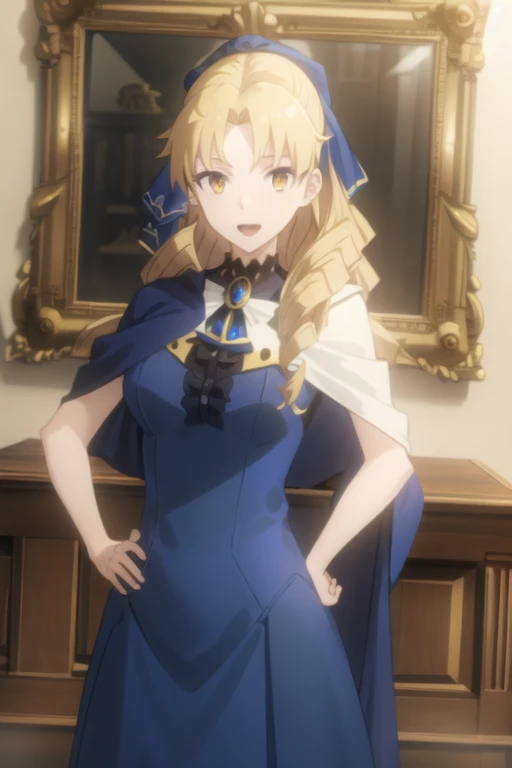 best quality, (masterpiece:1.2), detailed,
1girl, solo, open mouth, light smile,
drill hair, long hair, blonde hair, yellow eyes,
blue dress, jewelery, cape, hair ribbon, blue ribbon, capelet,
standing, hand on hip, looking at the viewer, upper body,
indoors