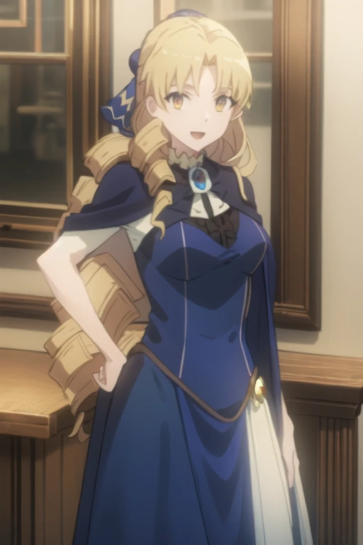 best quality, (masterpiece:1.2), detailed,
1girl, solo, open mouth, light smile,
drill hair, long hair, blonde hair, yellow eyes,
blue dress, jewelery, cape, hair ribbon, blue ribbon, capelet,
standing, hand on hip, looking at the viewer, upper body,
indoors