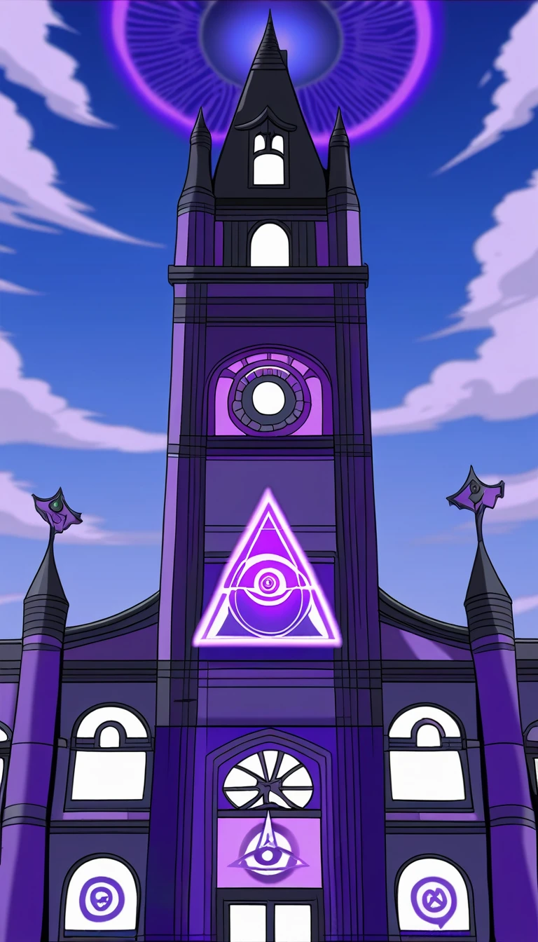 Anime purple college school building outside with purple Illuminati symbols behind blue skys