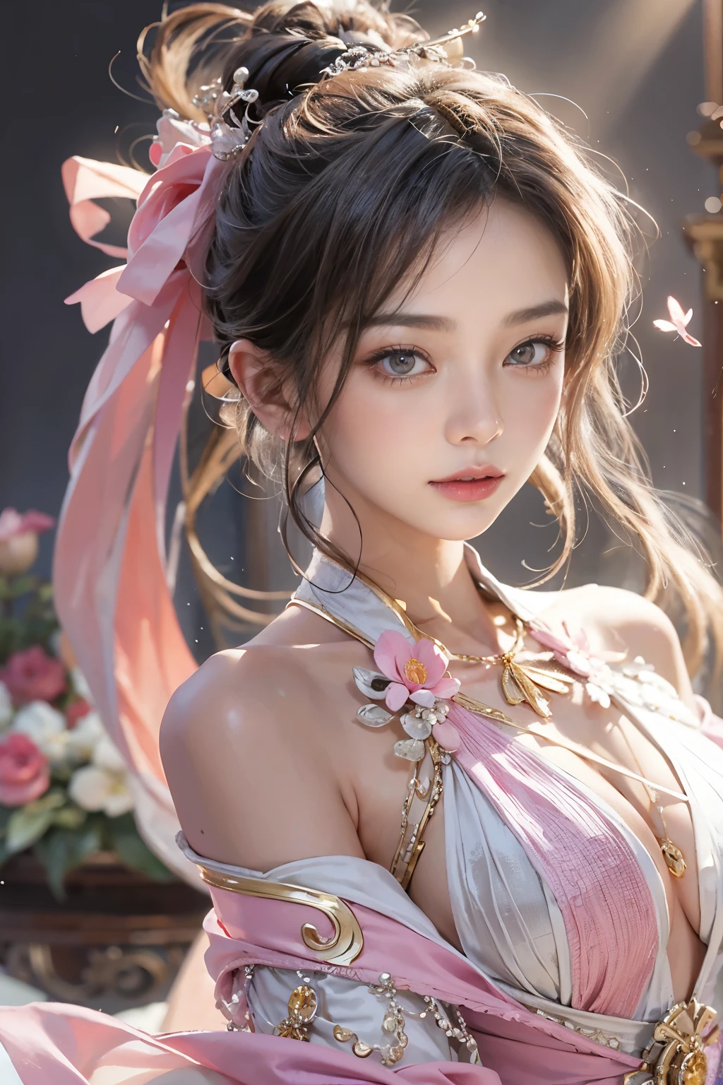 Gentle and attractive Chinese beauty, Half-body photo, Delicate and sexy collarbone, Attractive oval face, double eyelid, Bright pink eyes, Pink Lips, Small Nose, Exposing shoulders, Concentrated face, Face close-up, Ultra high definition, Super Detail, Elegant standing posture, Ultra-fine light-transmitting wet yarn, huge firm bouncing bust, dynamic sexy poses