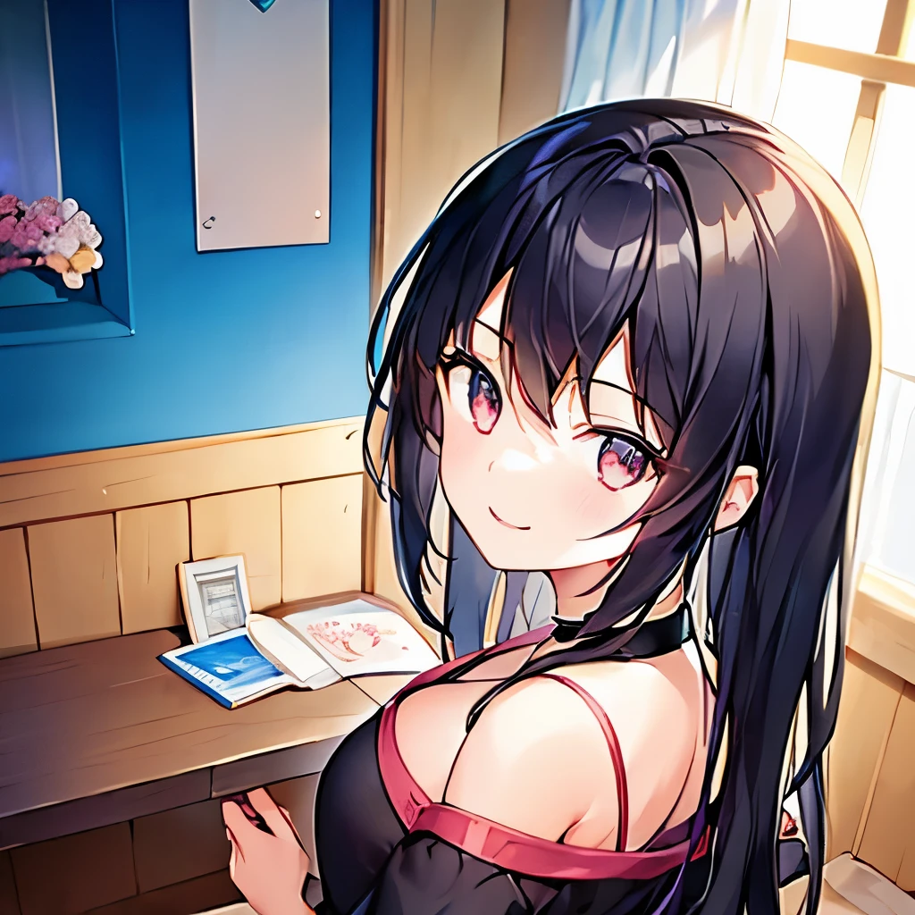 1 girl、19-year-old female、Asian、cute、Black Hair、alone、Beautiful smile、Looking up、room、one&#39;s home、living、Casual clothing、HD Fine、Very detailed、Masterpiece、Cinema Lighting、(8k、highest quality、Masterpiece:1.2)、(Realistic、Photorealistic:1.37) High resolution