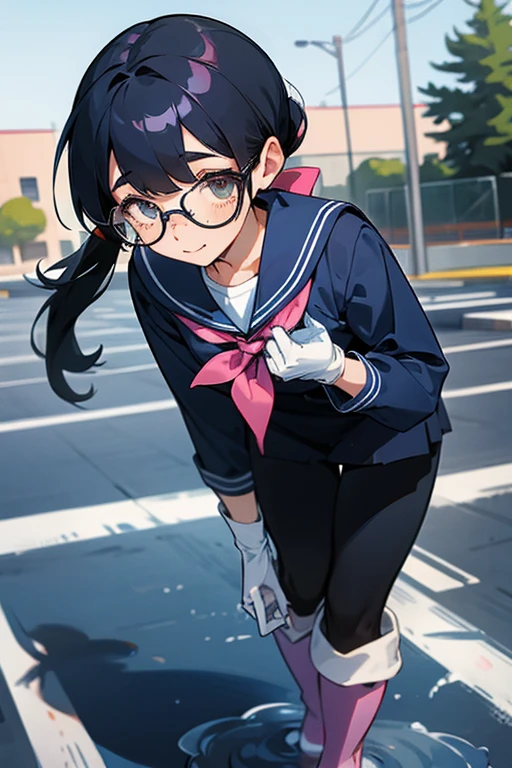 A high school girl with black hair, ponytails, glasses and freckles wearing a navy blue long-sleeved sailor uniform, wearing large pink rubber gloves and white rubber boots, cleaning the school yard