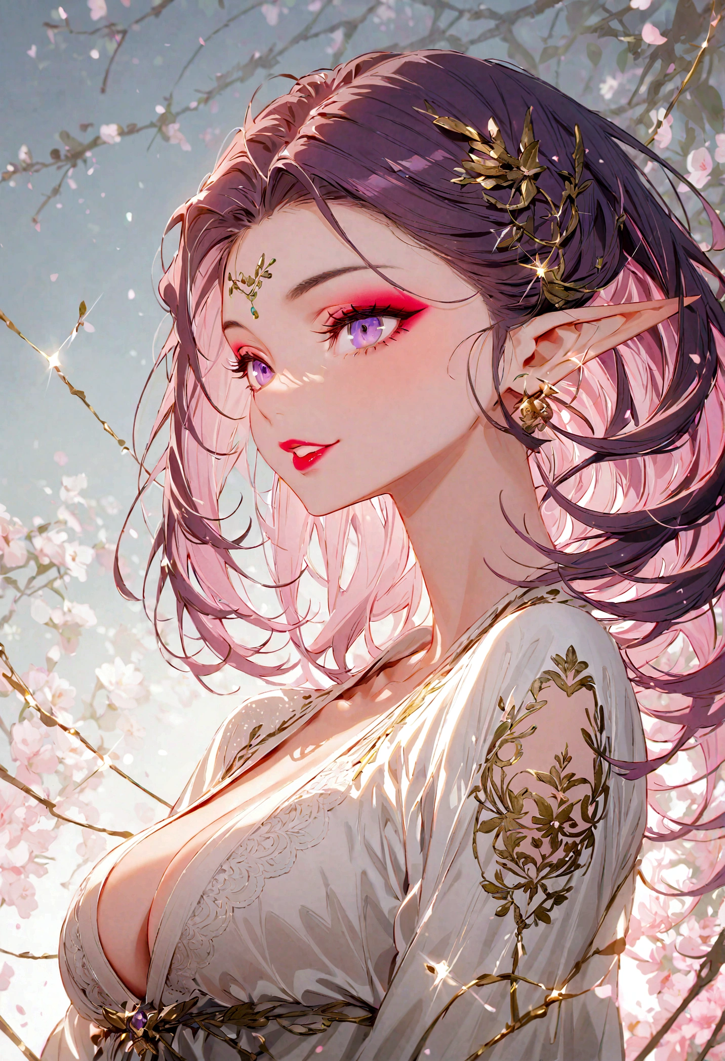 (white lace_robe:1.5),(best quality,ultra-detailed,highres:1.2),beautiful girl with flawless face,The cutest girl in the world,Exquisite makeup,purple eyes,makeup,eyelashes,lipstick,(tsurime:1.2),glint,seductive smile,large breasts,purple hair,(elf:1.2),pointy ears,red eyeshadow,sexy girl