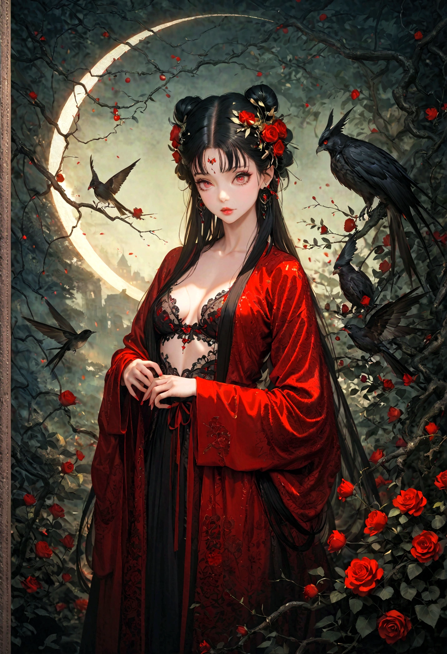 (8k,high resolution,masterpiece:1.2),actual,photo-actual:1.37,devil girl,red corner,Beautiful and delicate eyes,Beautiful and delicate lips,Extremely detailed eyes and face,long eyelashes,Sexy long black hair,fiery red eyes,Wearing a dark flowing robe,Floating in a misty forest under the moonlight,Red eyes penetrate the darkness,The soft and ethereal light illuminates her graceful figure,Subtle shadows dance around her,Red roses surrounded by thorny vines,A sinister yet fascinating presence.,Depicted with dark and dramatic chiaroscuro lighting,Create an unforgettable and charming atmosphere,A clever fusion of traditional oil painting and digital art,evoke a sense of mystery and,Perfectly capturing the duality of beauty and darkness in the enchantress,lace robe,bathrobe,Lace lingerie