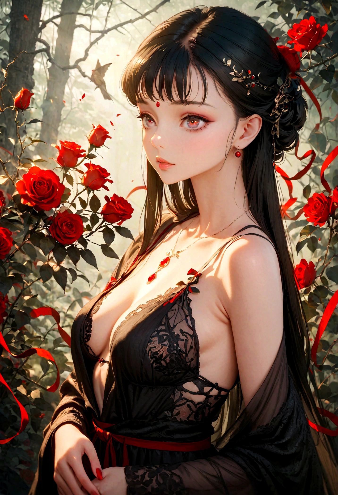 (8k,high resolution,masterpiece:1.2),actual,photo-actual:1.37,devil girl,red corner,Beautiful and delicate eyes,Beautiful and delicate lips,Extremely detailed eyes and face,long eyelashes,Sexy long black hair,fiery red eyes,Wearing a dark flowing robe,Floating in a misty forest under the moonlight,Red eyes penetrate the darkness,The soft and ethereal light illuminates her graceful figure,Subtle shadows dance around her,Red roses surrounded by thorny vines,A sinister yet fascinating presence.,Depicted with dark and dramatic chiaroscuro lighting,Create an unforgettable and charming atmosphere,A clever fusion of traditional oil painting and digital art,evoke a sense of mystery and,Perfectly capturing the duality of beauty and darkness in the enchantress,lace robe，bathrobe,Lace lingerie