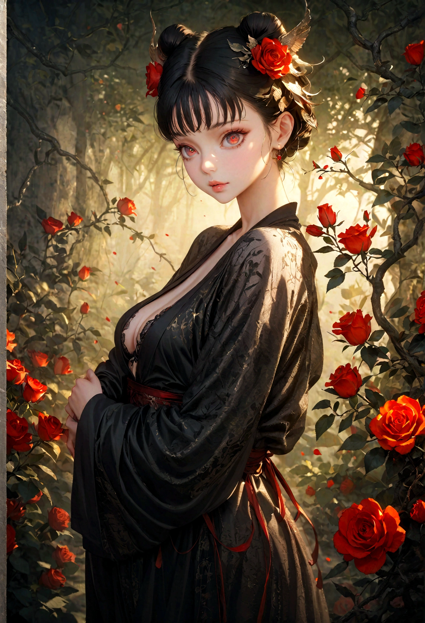 (8k,high resolution,masterpiece:1.2),actual,photo-actual:1.37,devil girl,red corner,Beautiful and delicate eyes,Beautiful and delicate lips,Extremely detailed eyes and face,long eyelashes,Sexy long black hair,fiery red eyes,Wearing a dark flowing robe,Floating in a misty forest under the moonlight,Red eyes penetrate the darkness,The soft and ethereal light illuminates her graceful figure,Subtle shadows dance around her,Red roses surrounded by thorny vines,A sinister yet fascinating presence.,Depicted with dark and dramatic chiaroscuro lighting,Create an unforgettable and charming atmosphere,A clever fusion of traditional oil painting and digital art,evoke a sense of mystery and,Perfectly capturing the duality of beauty and darkness in the enchantress,lace robe,bathrobe,Lace lingerie