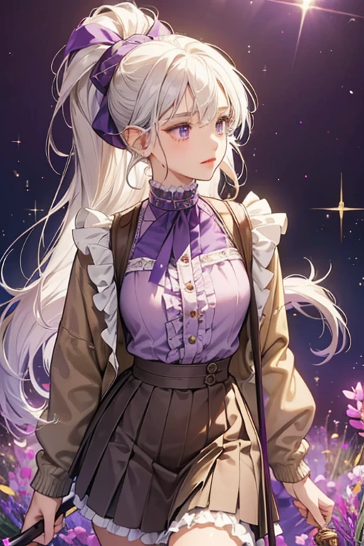 SHE has an light brown body with darker brown ears. She has white hair is tied up. She wears a purple top, darker purple skirt, and lavender cardigan, the latter two having frills. She also carries a walking cane. SPARKLE; GLITTER