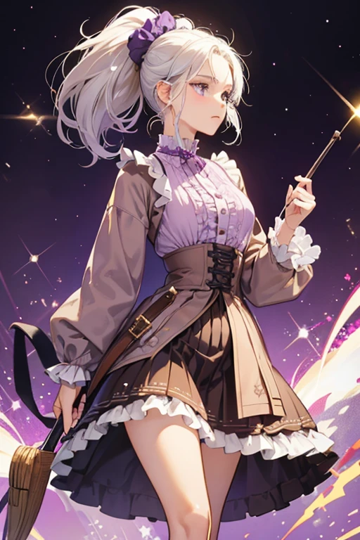 SHE has an light brown body with darker brown ears. She has white hair is tied up. She wears a purple top, darker purple skirt, and lavender cardigan, the latter two having frills. She also carries a walking cane. SPARKLE; GLITTER