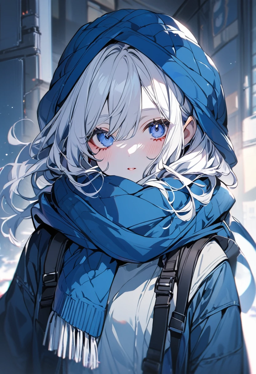 Girl with white hair with pale skin in blue clothes wearing a scarf