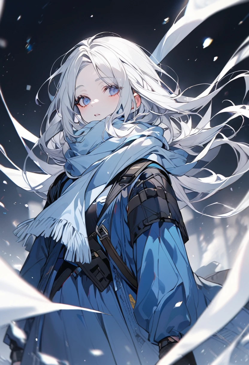 Girl with white hair with pale skin in blue clothes wearing a scarf