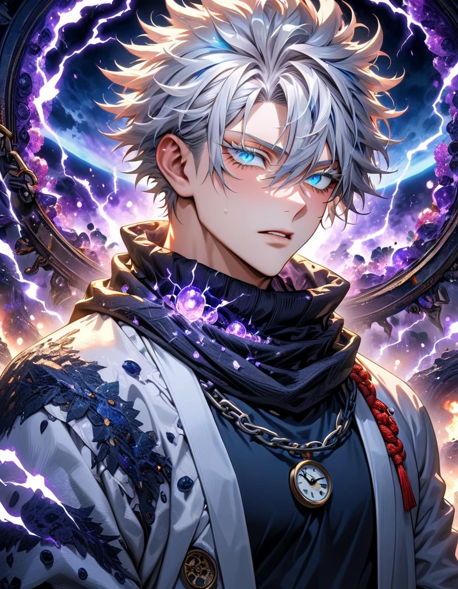 absurdres, highres, ultra detailed, HDR, master piece, best quality, Gojo Satoru, white hair, hair between the eyes, with bangs, expressive blue eyes, white eyelashes, jujutsu kaisen, solo, sexy man, handsome, white haori, black tight T-shirt, black scarf, clock mechanical purple moon, fantasy, chains, purple fireflies, purple lightning, void