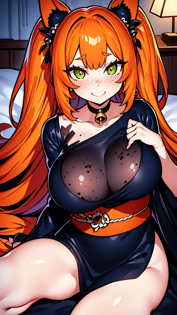 a beautiful and stunning woman with long, wavy orange hair and green eyes, twin volumous ponytails, wearing a black kimono with a red floral print , orange fox ears, lying on the bed with a shy smile, red cheeks and light freckle marks only on her face, defined silhouette, huge breasts, thick thighs, earrings of skulls, dark environment, dark colors, pastel tone, cold palette, sharpness, attention to detail, richness of details, cute aesthetics, cherry blossoms decorating the hair