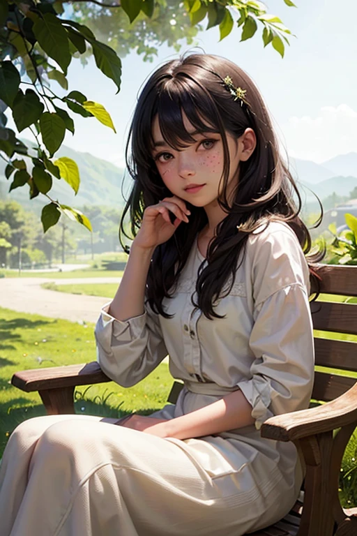 The illustration shows Erin, a -yeld giwith a charming and humble appearance. Her fair skin is adorned with freckles delicately scattered across her cheeks and nose., resaltando su inocente mirada y sonrisa traviesa. Su cabello rojizo, brillante y ondulado, enmarca su rostro con un aura de calidez y vitalidad. Viste un sencillo vestido de tonos suaves y neutros, que contrasta su piel y cabello con elegancia. En el fondo, se vislumbra un hermoso paisaje de un bosque en Gales en el siglo XVIII, with leafy trees, flores silvestres y un arroyo serpenteante. Sunlight filters through the leaves, creando un juego de luces y sombras en el entorno natural. Erin's expression conveys joy and curiosity, capturing the essence of a playful and authentic girl in harmony with the nature that surrounds her.