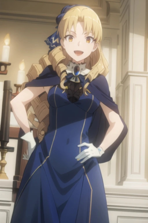 best quality, (masterpiece:1.2), detailed,
1girl, solo, open mouth, light smile,
drill hair, long hair, blonde hair, yellow eyes,
blue dress, jewelery, cape, white gloves, hair ribbon, blue ribbon, capelet,
standing, hand on hip, looking at the viewer, upper body,
indoors
