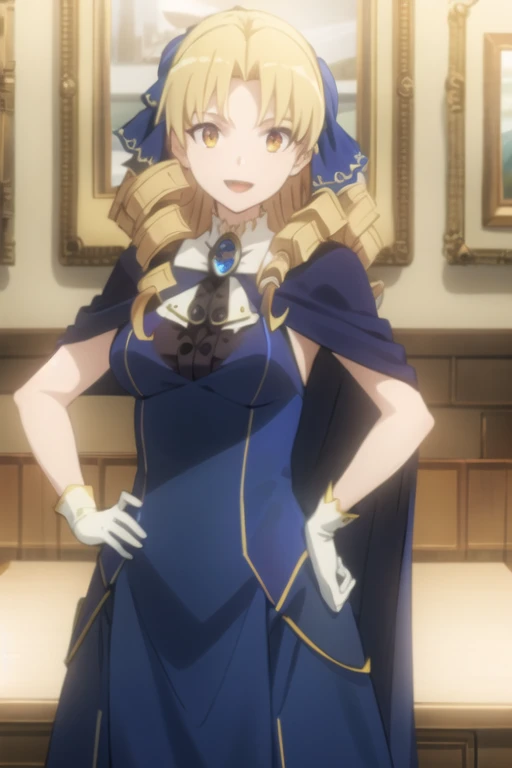 best quality, (masterpiece:1.2), detailed,
1girl, solo, open mouth, light smile,
drill hair, long hair, blonde hair, yellow eyes,
blue dress, jewelery, cape, white gloves, hair ribbon, blue ribbon, capelet,
standing, hand on hip, looking at the viewer, upper body,
indoors