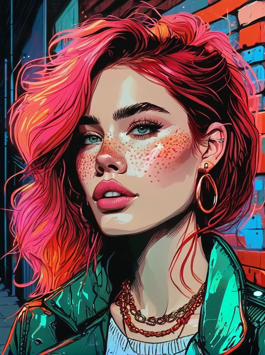 (masterpiece, best quality, 1 girl, Solitary, Intricate details, Chromatic Aberration), Practical, ((Moderate breathing)), Cartoon hand drawn, 1girl, solo, long hair, Red hair, Red decoration on head, pink highlights, Amber eyes, earrings, Sharp eyes, necklace, Neon shirt, ripped shorts, Unbuttoned jacket, turtleneck sweater, night, Against the wall, Brick Wall, Graffiti, Dim Lights, alley, Look at the audience,Magical naive art,Bright blue and green,The color palette is in red, orange and black tones and has a sketchy style, The background should have a simple hand-drawn doodle pattern, 1shxx1