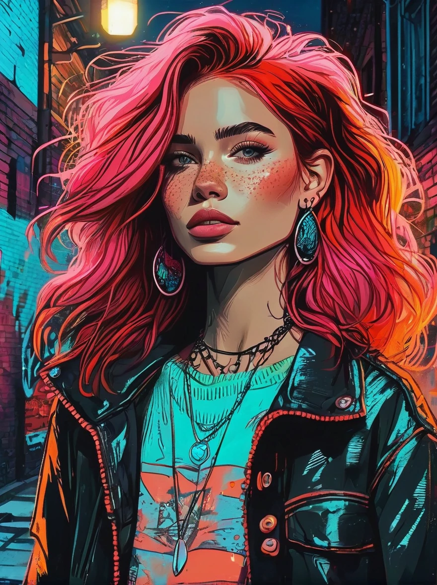 (masterpiece, best quality, 1 girl, Solitary, Intricate details, Chromatic Aberration), Practical, ((Moderate breathing)), Cartoon hand drawn, 1girl, solo, long hair, Red hair, Red decoration on head, pink highlights, Amber eyes, earrings, Sharp eyes, necklace, Neon shirt, ripped shorts, Unbuttoned jacket, turtleneck sweater, night, Against the wall, Brick Wall, Graffiti, Dim Lights, alley, Look at the audience，Magical naive art，Bright blue and green，The color palette is in red, orange and black tones and has a sketchy style, The background should have a simple hand-drawn doodle pattern, 1shxx1