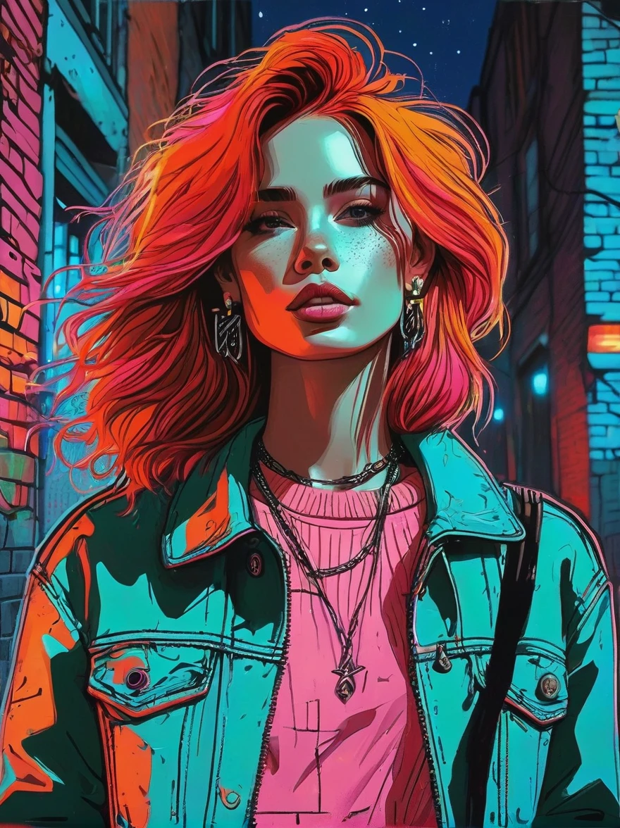 (masterpiece, best quality, 1 girl, Solitary, Intricate details, Chromatic Aberration), Practical, ((Moderate breathing)), Cartoon hand drawn, 1girl, solo, long hair, Red hair, Red decoration on head, pink highlights, Amber eyes, earrings, Sharp eyes, necklace, Neon shirt, ripped shorts, Unbuttoned jacket, turtleneck sweater, night, Against the wall, Brick Wall, Graffiti, Dim Lights, alley, Look at the audience,Magical naive art,Bright blue and green,The color palette is in red, orange and black tones and has a sketchy style, The background should have a simple hand-drawn doodle pattern, 1shxx1