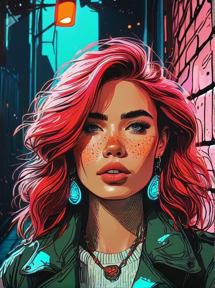 (masterpiece, best quality, 1 girl, Solitary, Intricate details, Chromatic Aberration), Practical, ((Moderate breathing)), Cartoon hand drawn, 1girl, solo, long hair, Red hair, Red decoration on head, pink highlights, Amber eyes, earrings, Sharp eyes, necklace, Neon shirt, ripped shorts, Unbuttoned jacket, turtleneck sweater, night, Against the wall, Brick Wall, Graffiti, Dim Lights, alley, Look at the audience，Magical naive art，Bright blue and green，The color palette is in red, orange and black tones and has a sketchy style, The background should have a simple hand-drawn doodle pattern, 1shxx1
