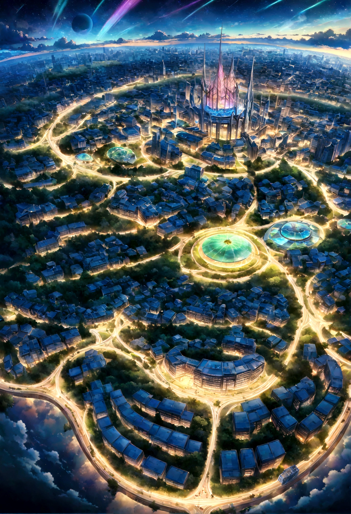 A highly detailed anime-style still art, Ghibli studio style, masterpiece, official art, professional, ((ultra-detailed)), 8k, ((Not show people)), Arabesque pattern, city where everything is made of reflective surfaces and mirrors, creating infinite reflections and a sense of endless space. The architecture is abstract and futuristic, with floating buildings and pathways made of light. The sky is a shifting blend of colors, with auroras and shimmering lights creating an ethereal atmosphere. The city is inhabited by ethereal beings who navigate the mirrored landscape with grace and fluidity