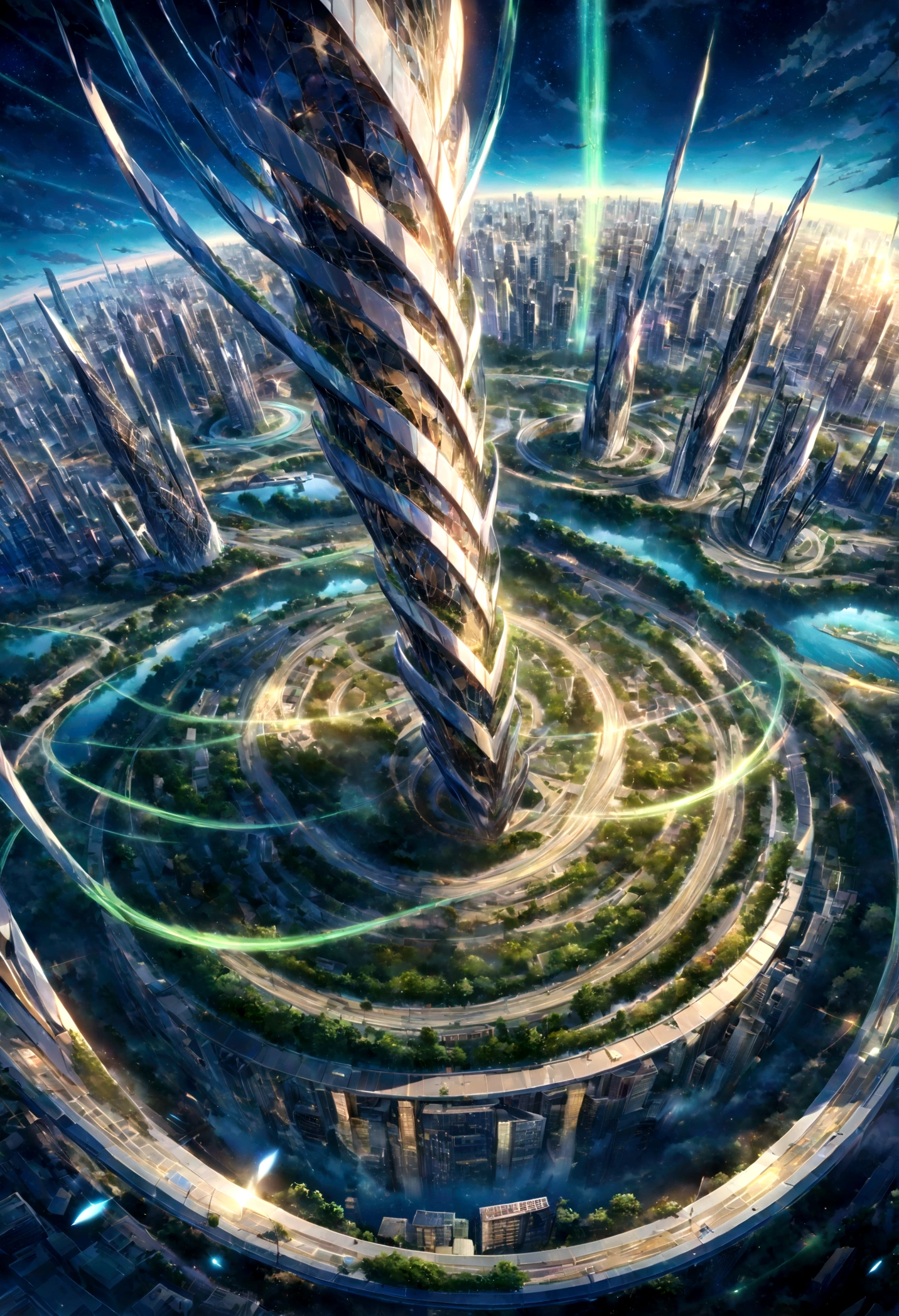 A highly detailed anime-style still art, Ghibli studio style, masterpiece, official art, professional, ((ultra-detailed)), 8k, ((Not show people)), Arabesque pattern, city where everything is made of reflective surfaces and mirrors, creating infinite reflections and a sense of endless space. The architecture is abstract and futuristic, with floating buildings and pathways made of light. The sky is a shifting blend of colors, with auroras and shimmering lights creating an ethereal atmosphere. The city is inhabited by ethereal beings who navigate the mirrored landscape with grace and fluidity