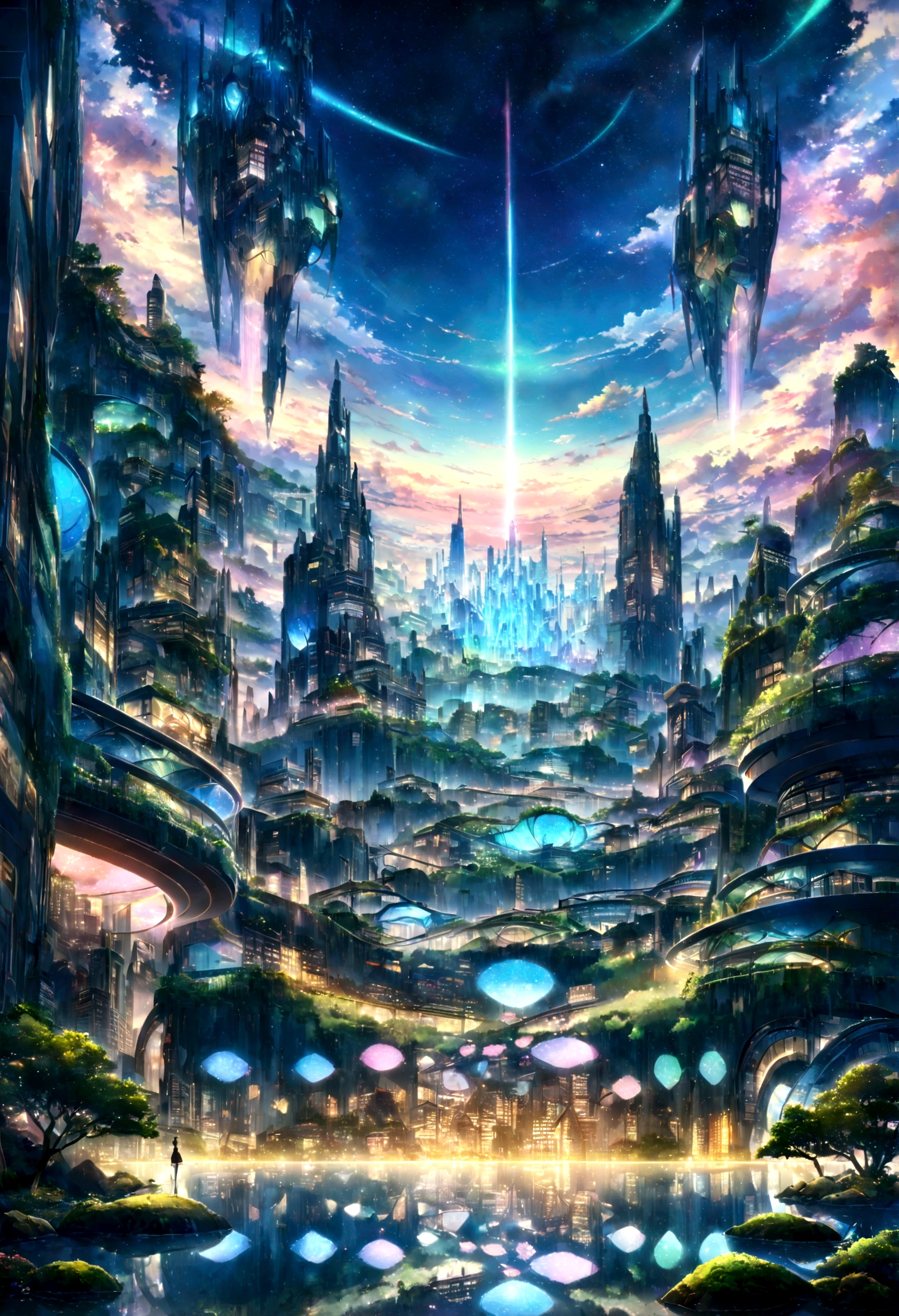 A highly detailed anime-style still art, Ghibli studio style, masterpiece, official art, professional, ((ultra-detailed)), 8k, ((Not show people)), Arabesque pattern, city where everything is made of reflective surfaces and mirrors, creating infinite reflections and a sense of endless space. The architecture is abstract and futuristic, with floating buildings and pathways made of light. The sky is a shifting blend of colors, with auroras and shimmering lights creating an ethereal atmosphere. The city is inhabited by ethereal beings who navigate the mirrored landscape with grace and fluidity