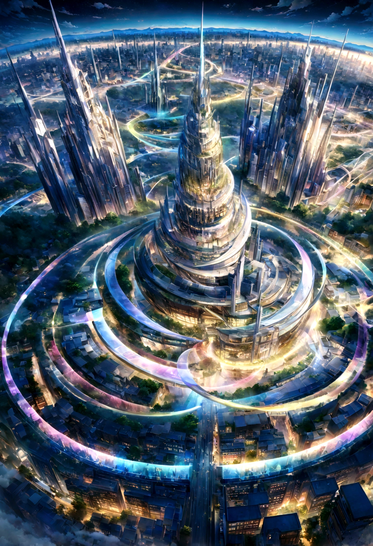 A highly detailed anime-style still art, Ghibli studio style, masterpiece, official art, professional, ((ultra-detailed)), 8k, ((Not show people)), Arabesque pattern, city where everything is made of reflective surfaces and mirrors, creating infinite reflections and a sense of endless space. The architecture is abstract and futuristic, with floating buildings and pathways made of light. The sky is a shifting blend of colors, with auroras and shimmering lights creating an ethereal atmosphere. The city is inhabited by ethereal beings who navigate the mirrored landscape with grace and fluidity