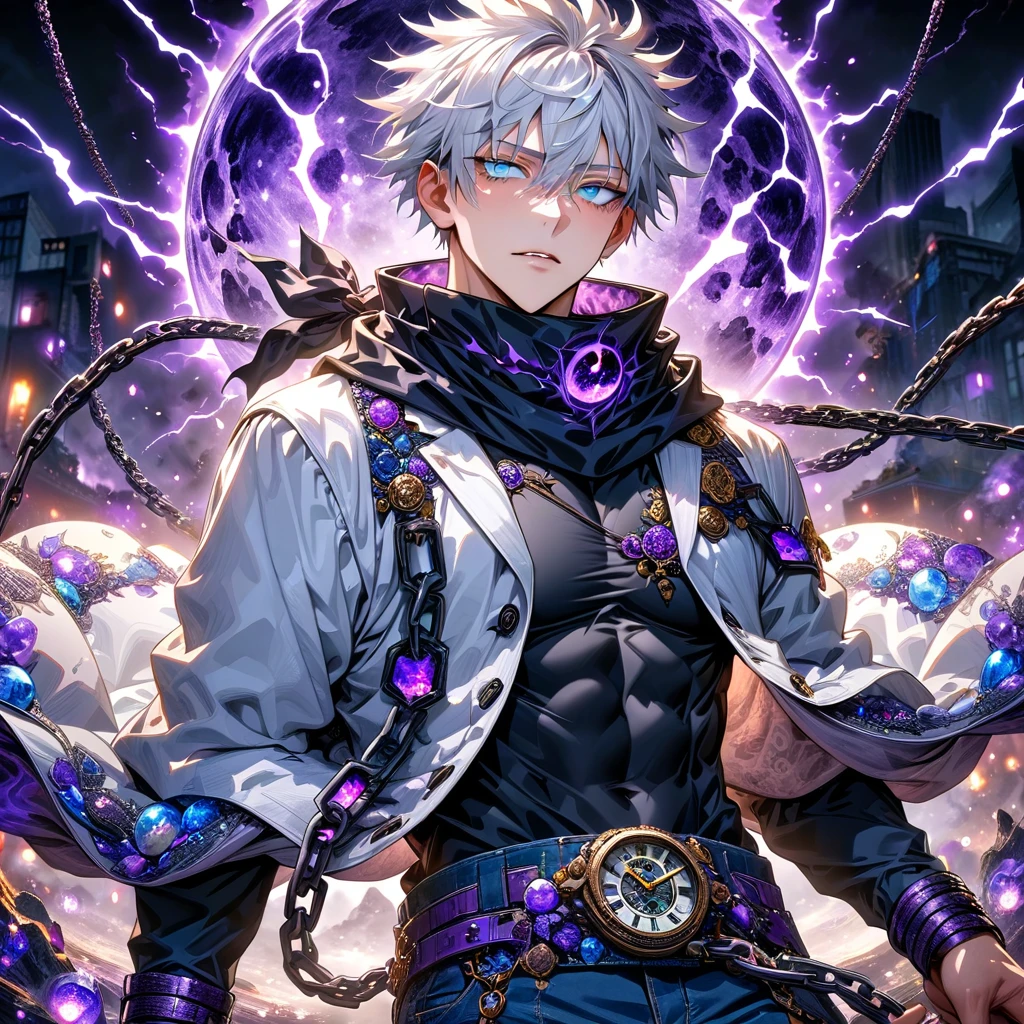 absurdres, highres, ultra detailed, HDR, master piece, best quality, Gojo Satoru, white hair, hair between the eyes, with bangs, expressive blue eyes, white eyelashes, jujutsu kaisen, solo, sexy man, handsome, white haori, black tight T-shirt, black scarf, clock mechanical purple moon, fantasy, chains, purple fireflies, purple lightning, void