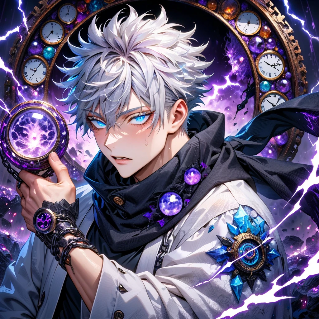 absurdres, highres, ultra detailed, HDR, master piece, best quality, Gojo Satoru, white hair, hair between the eyes, with bangs, expressive blue eyes, white eyelashes, jujutsu kaisen, solo, sexy man, handsome, white haori, black tight T-shirt, black scarf, clock mechanical purple moon, fantasy, chains, purple fireflies, purple lightning, void