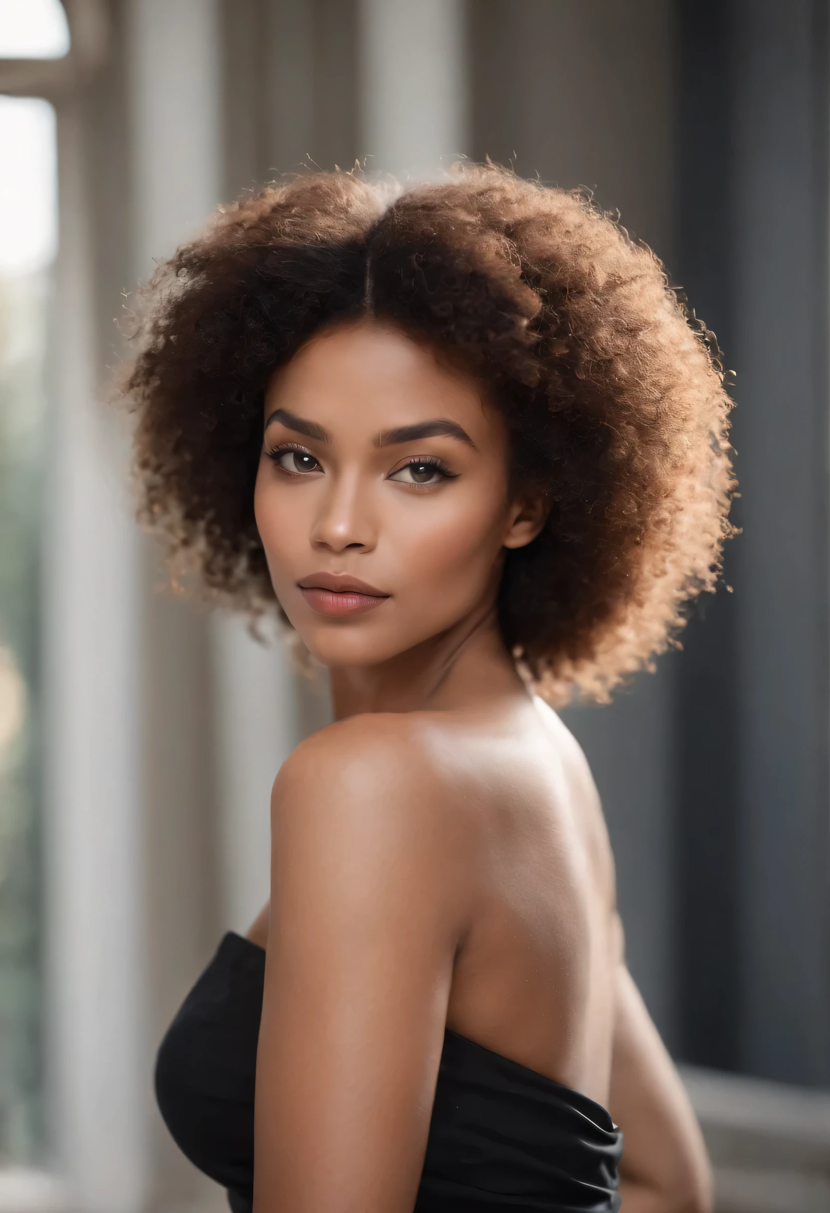 Belle femme à la peau foncée avec une coiffure afro, Photo frontale de l'influencer looking at the camera with both hands crossed and folded in front of her. 28 ans, taille fine, sexy neckline.