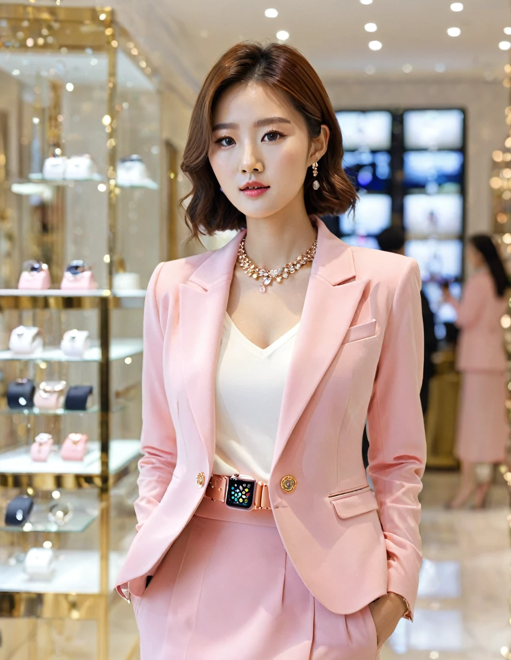 Full body of beautiful korean female,wearing pink suit, wear apple watch ,and short skirt, in luxury jewelry shop, bokeh background, UHD