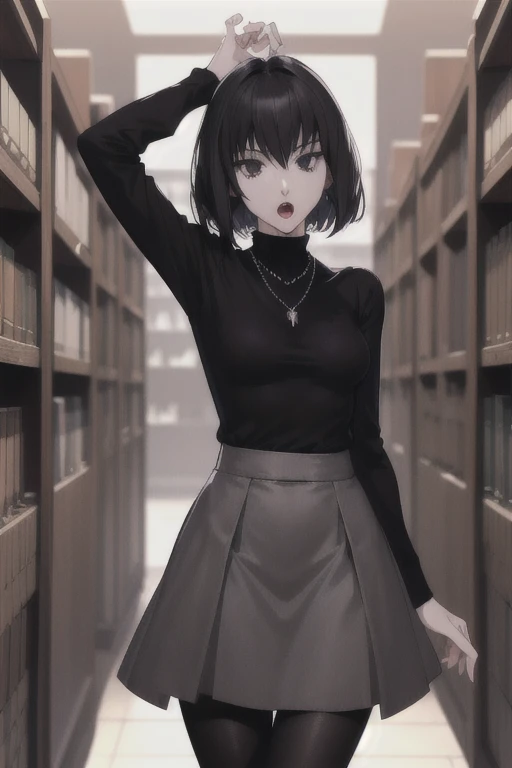 masterpiece, best quality, alicekuonji, necklace, black turtleneck, grey skirt, black pantyhose, pale skin, library, looking at viewer, serious, open mouth