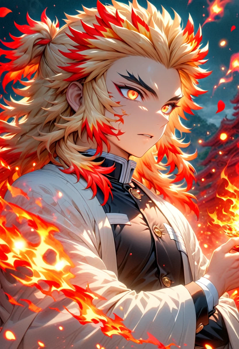 Ultra detailed, highres, absurdres, HDR, master piece, Rengoku Kyojuro, blond hair, expressive golden eyes, white haori with patters of flames, black demon slayer uniform, Kimetsu No Yaiba, fantasy, petals, red flowers, handsome, sexy man, solo, magic, shining red fireflies, best quality, extremely detailed face and eyes, fire, red moon