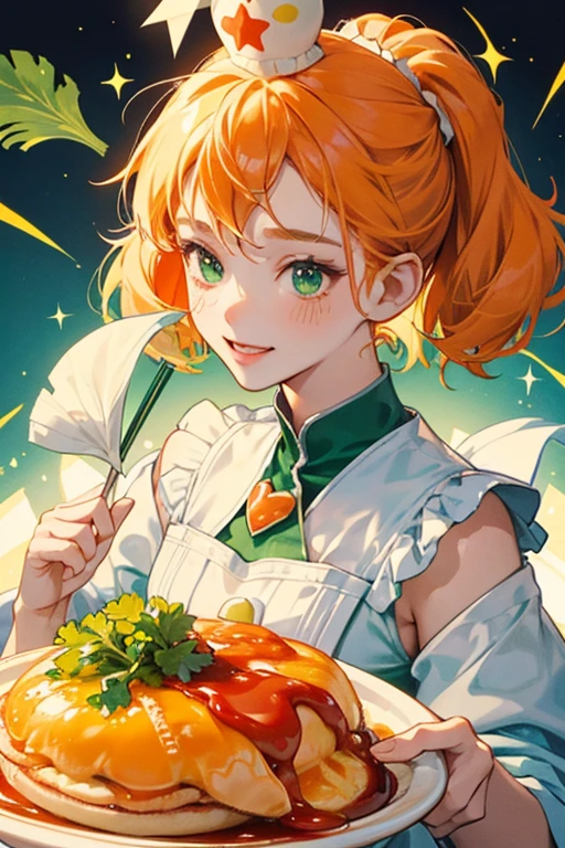 SHE has an orange face with green cheeks, and Omurice on top of hER head. Above the ketchup is a small white flag with a blue star. SHe has a yellow body with a red heart drawn with ketchup, and a green tail made of parsley. When happy, the ketchup on hER head will form a heart shape. SPARKLE; GLITTER
