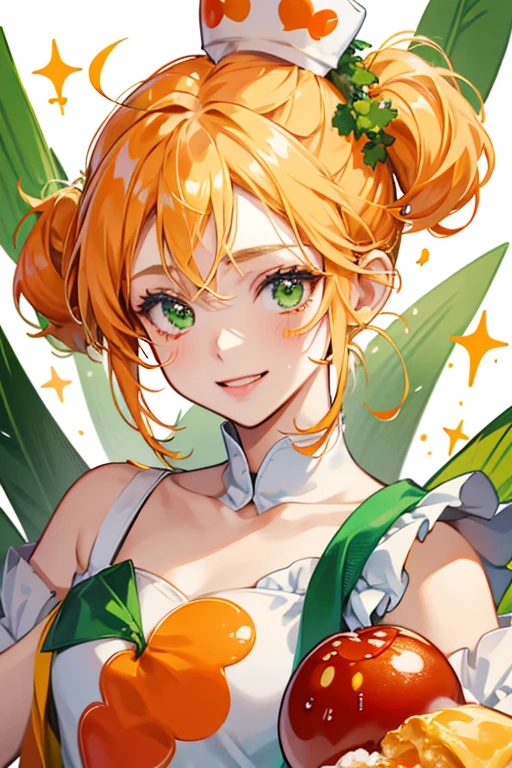 SHE has an orange face with green cheeks, and Omurice on top of hER head. Above the ketchup is a small white flag with a blue star. SHe has a yellow body with a red heart drawn with ketchup, and a green tail made of parsley. When happy, the ketchup on hER head will form a heart shape. SPARKLE; GLITTER