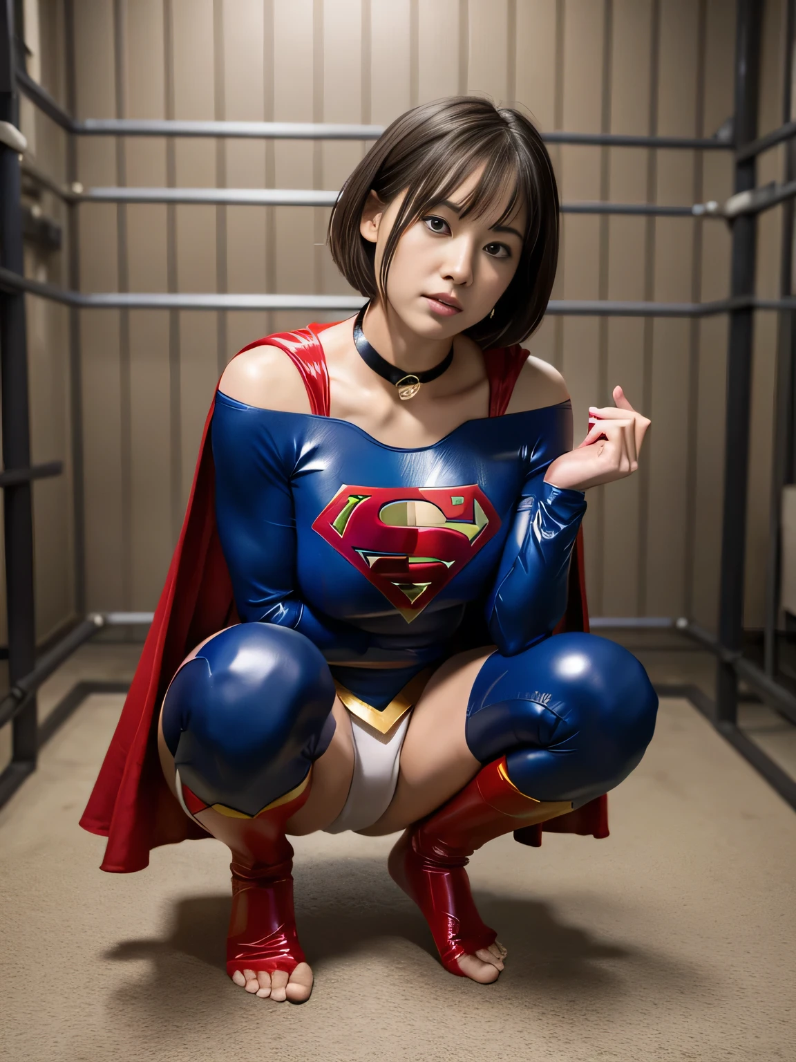 masterpiece、Supergirl Costume、short hair、barefoot、Big and ample breasts、Crisis situation、Complete surrender、Inside the prison、torture chamber、Abused、Humiliating torture、Squatting Pose、shiny sweaty skin、looking at the camera、choker、Long sleeve、Sexy poses to seduce、Off the shoulder、latex、from right in front、Crotch tearing、athlete、High leg、balance ball、