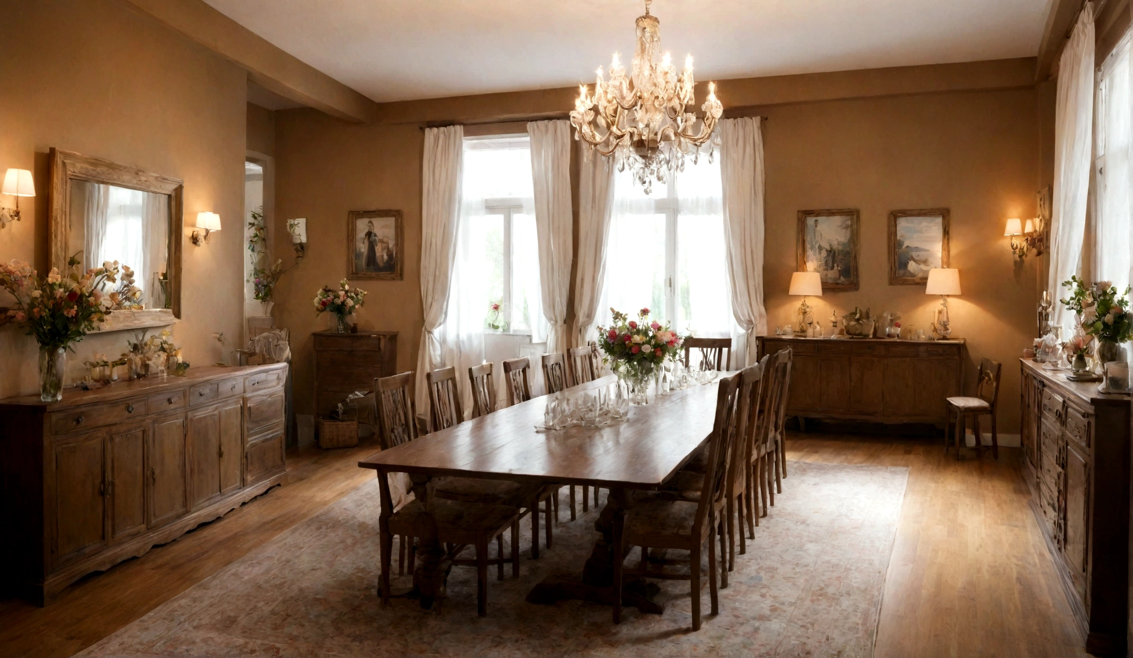 Warm-toned dining room with an eight-seater wooden dining table adorned with flowers and table settings. A chandelier hangs above the table, and a large window with sheer white curtains is in the background. A sideboard with decorative items and a large mirror is against the left wall, and framed artwork decorates the walls. A patterned rug covers the wooden floor.