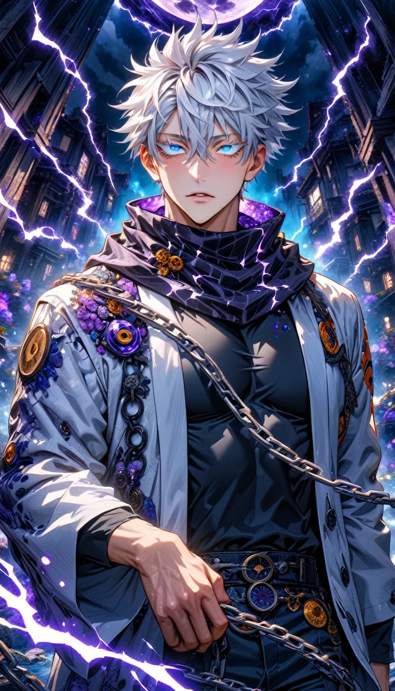 absurdres, highres, ultra detailed, HDR, master piece, best quality, Gojo Satoru, white hair, hair between the eyes, with bangs, expressive blue eyes, white eyelashes, jujutsu kaisen, solo, sexy man, handsome, white haori, black tight T-shirt, black scarf, clock mechanical purple moon, fantasy, chains, purple fireflies, purple lightning, void