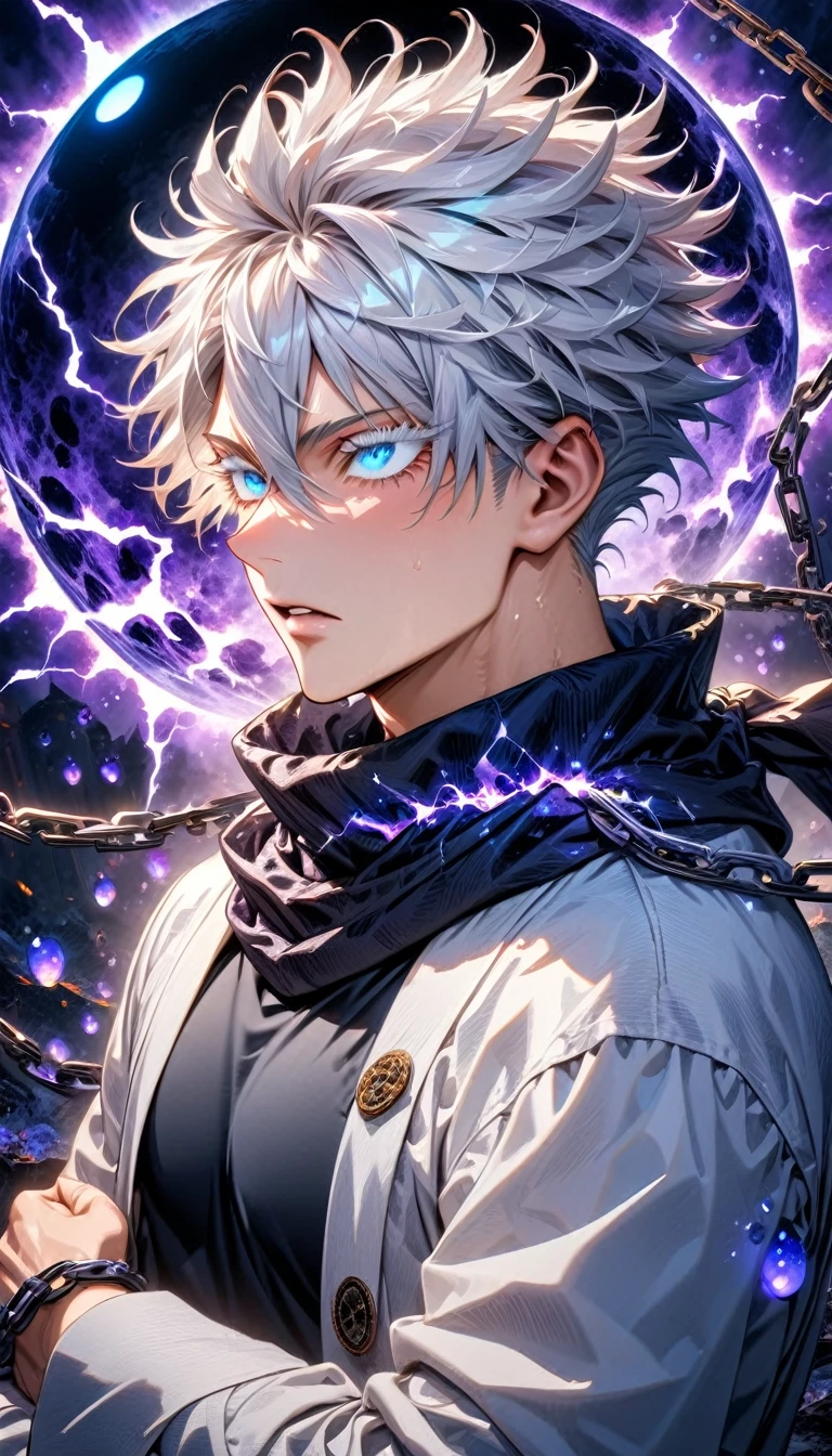 absurdres, highres, ultra detailed, HDR, master piece, best quality, Gojo Satoru, white hair, hair between the eyes, with bangs, expressive blue eyes, white eyelashes, jujutsu kaisen, solo, sexy man, handsome, white haori, black tight T-shirt, black scarf, clock mechanical purple moon, fantasy, chains, purple fireflies, purple lightning, void