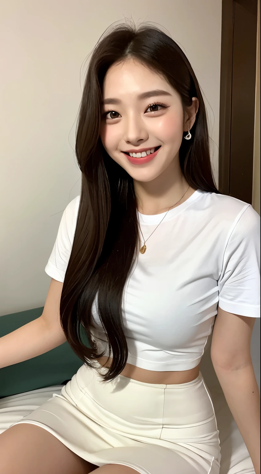White tight shirt、White tight mini skirt、bed、smile、Short sleeve、high resolution、Korean idol face、double eyelid、White teeth
