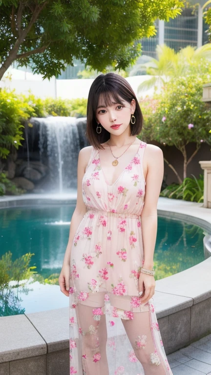 (8k, Photorealistic, Raw photo, Highest quality: 1.4),Japanese idol-style beautiful girl,1 person,18-year-old,Hairstyle(Black,Short Bob,Disarray),Hang your hair over your ears,Wearing small earrings in the ears,Big, clear grey eyes,Long eyelashes,Plump Cheeks,She is wearing pale pink lipstick.,Apply gloss over your lipstick for glossy, plump lips,A short pendant is hanging around her neck,Pale pink nail polish on the nails of both hands,She is wearing a long, sheer, sleeveless floral dress.,Wearing sandals,Standing with a park fountain in the background,Full body portrait