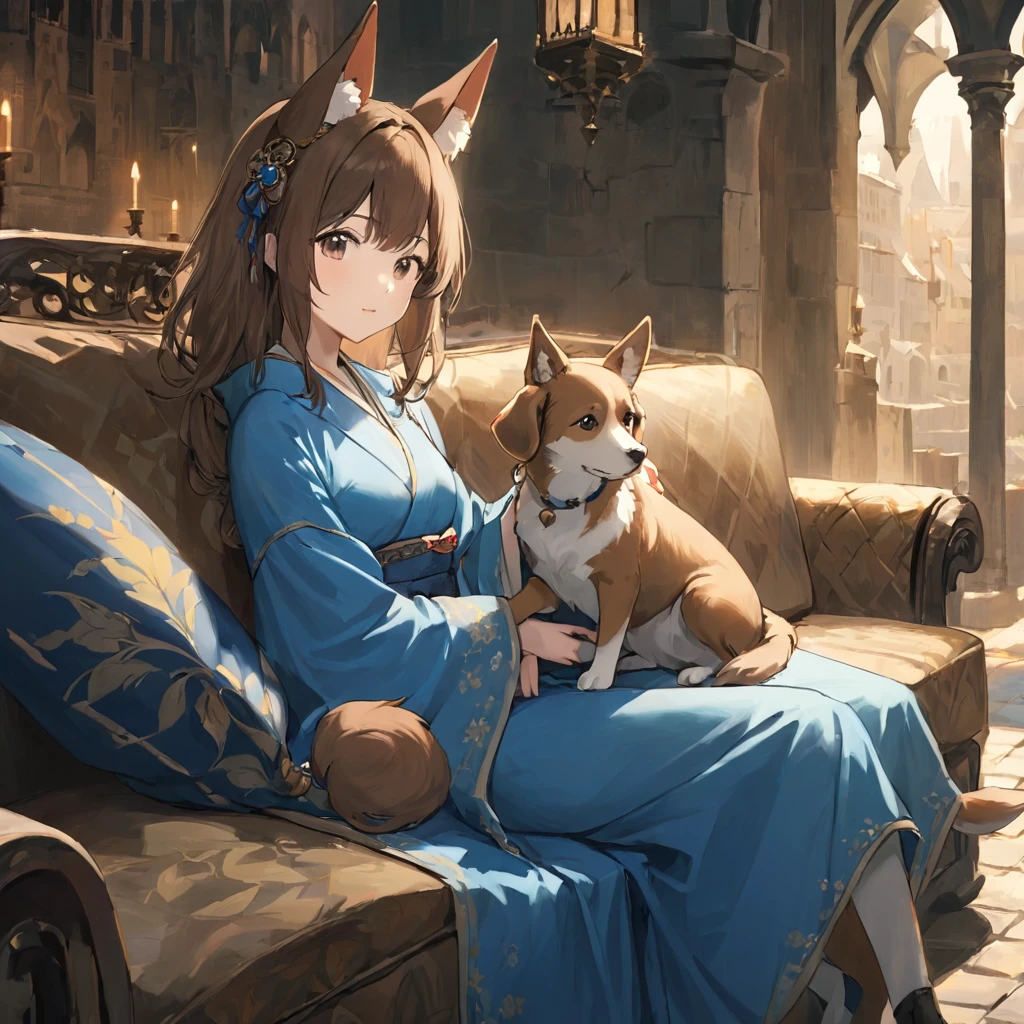 (masterpiece),(highest quality),highres,(an extremely delicate and beautiful),(extremely detailed),
a young girl with brown hair and wearing a blue kimono sits on a couch, She has dog ears and a dog tail, medieval city