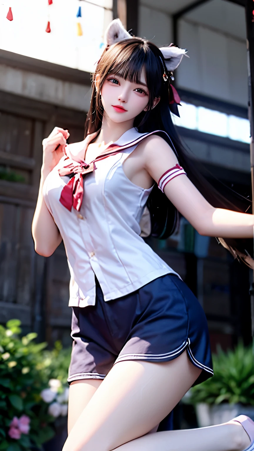 (Very delicate and beautiful:1.2)super model,,Big Breasts,Beautiful breasts,voluptuous,【bike shorts】,,【3girls】,,highest quality, High resolution, 8K,Sailor suit,Kick in a hurry