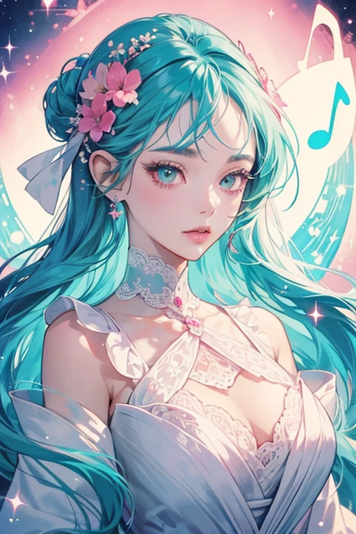 Onputchi is turquoise and her head is shaped like a music note. She wears white lace around her neck and has a dark pink flower on the left side of her head. She has pink lips and her eyes are shaped like music notes as well (her eyelashes being the points of the music notes). Her sprite seems to have a darker head and brighter body. SPARKLE; GLITTER