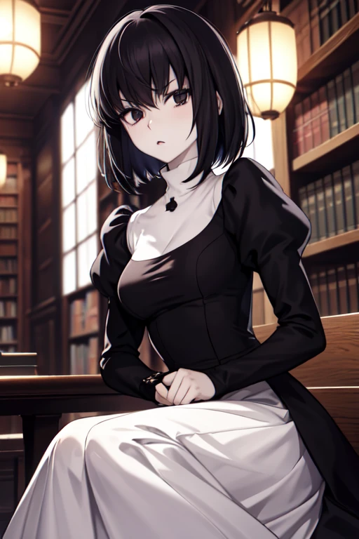 masterpiece, best quality, alicekuonji, pale skin, library, looking at viewer, serious, long black dress, puffy sleeves