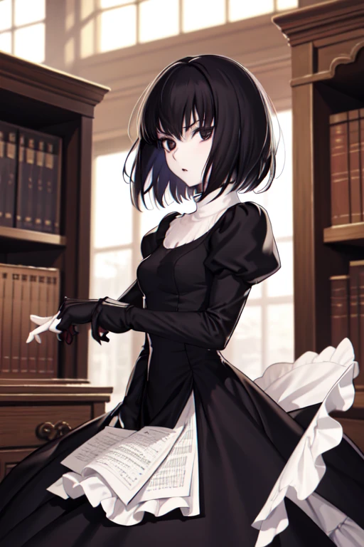 masterpiece, best quality, alicekuonji, pale skin, library, looking at viewer, serious, long black dress, puffy sleeves