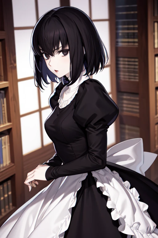 masterpiece, best quality, alicekuonji, pale skin, library, looking at viewer, serious, long black dress, puffy sleeves